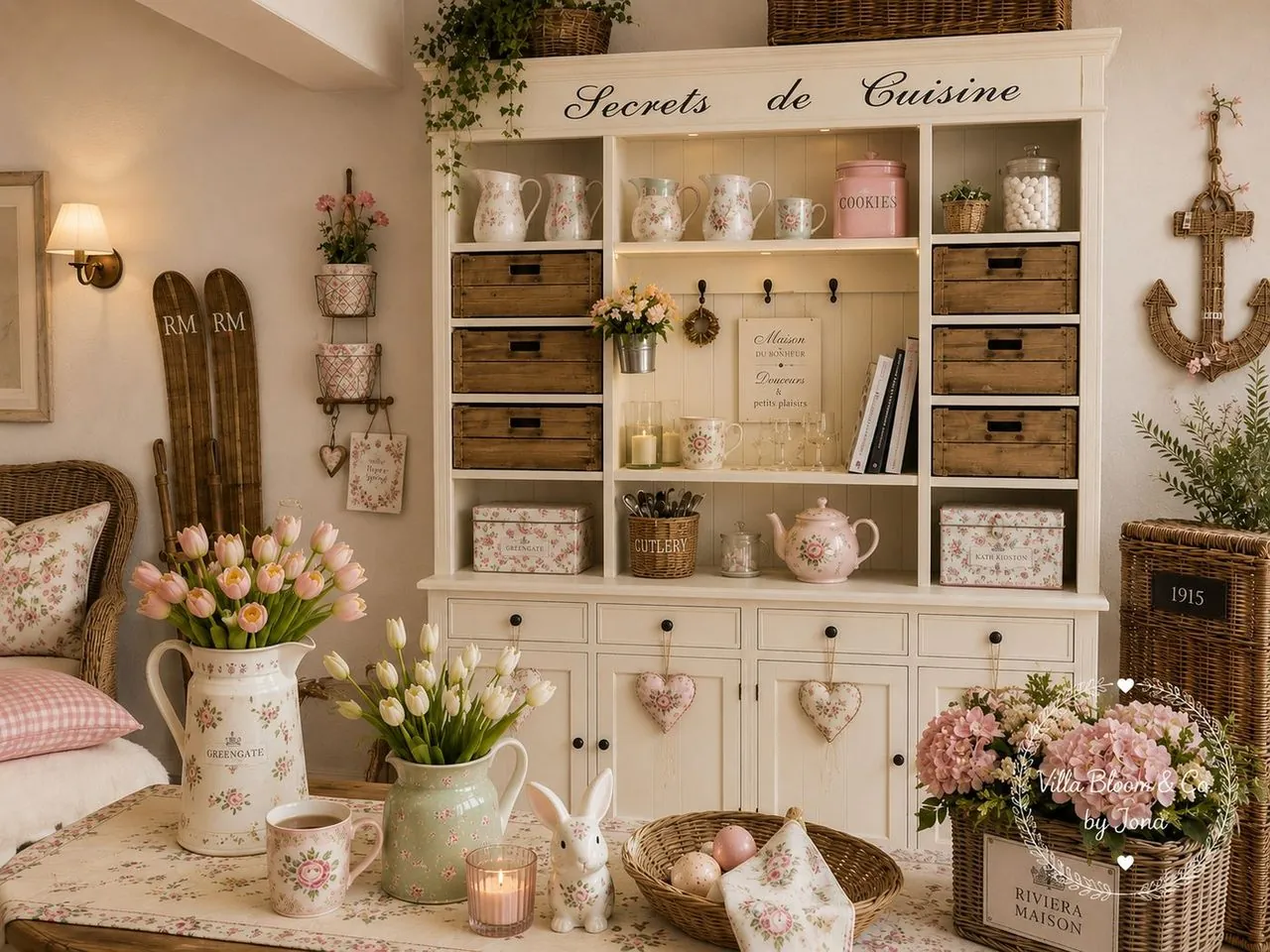 Frühlings-Küche im Landhausstil mit Tulpen und GreenGate-Geschirr