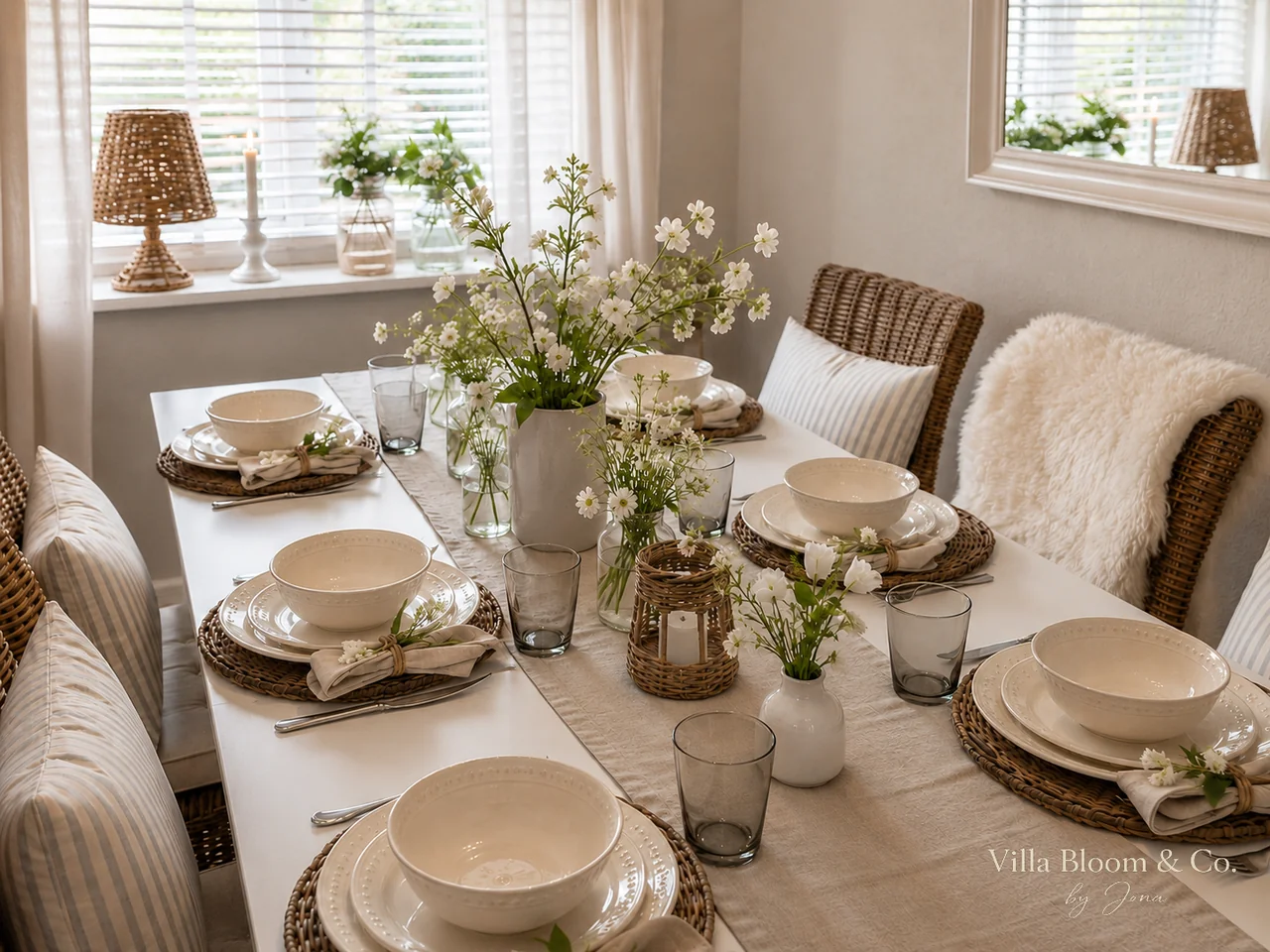 Summer table with linen runner and vase