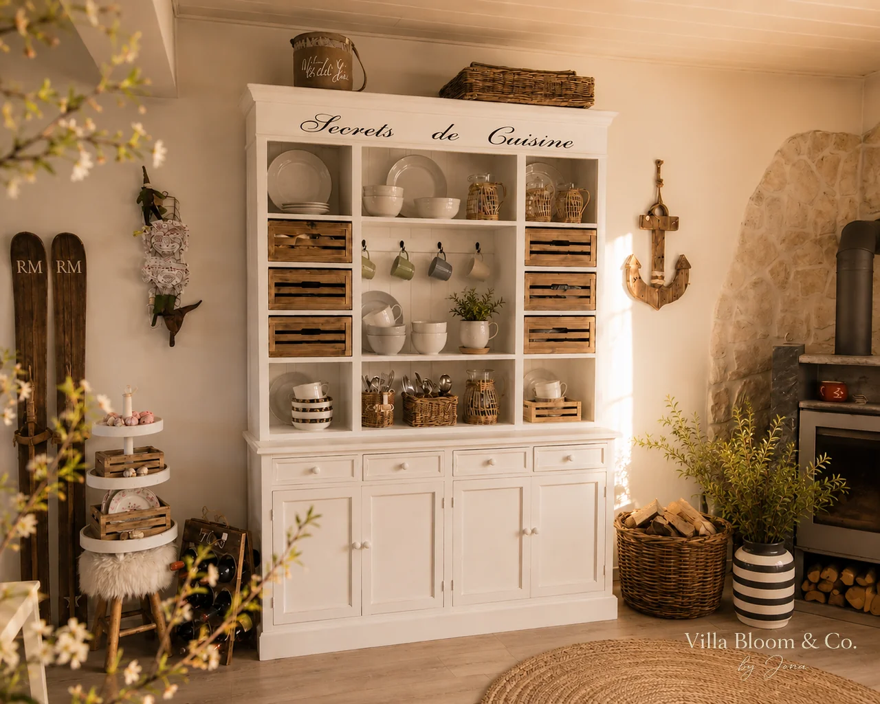Buffet cabinet in summer setup with light jugs and tins