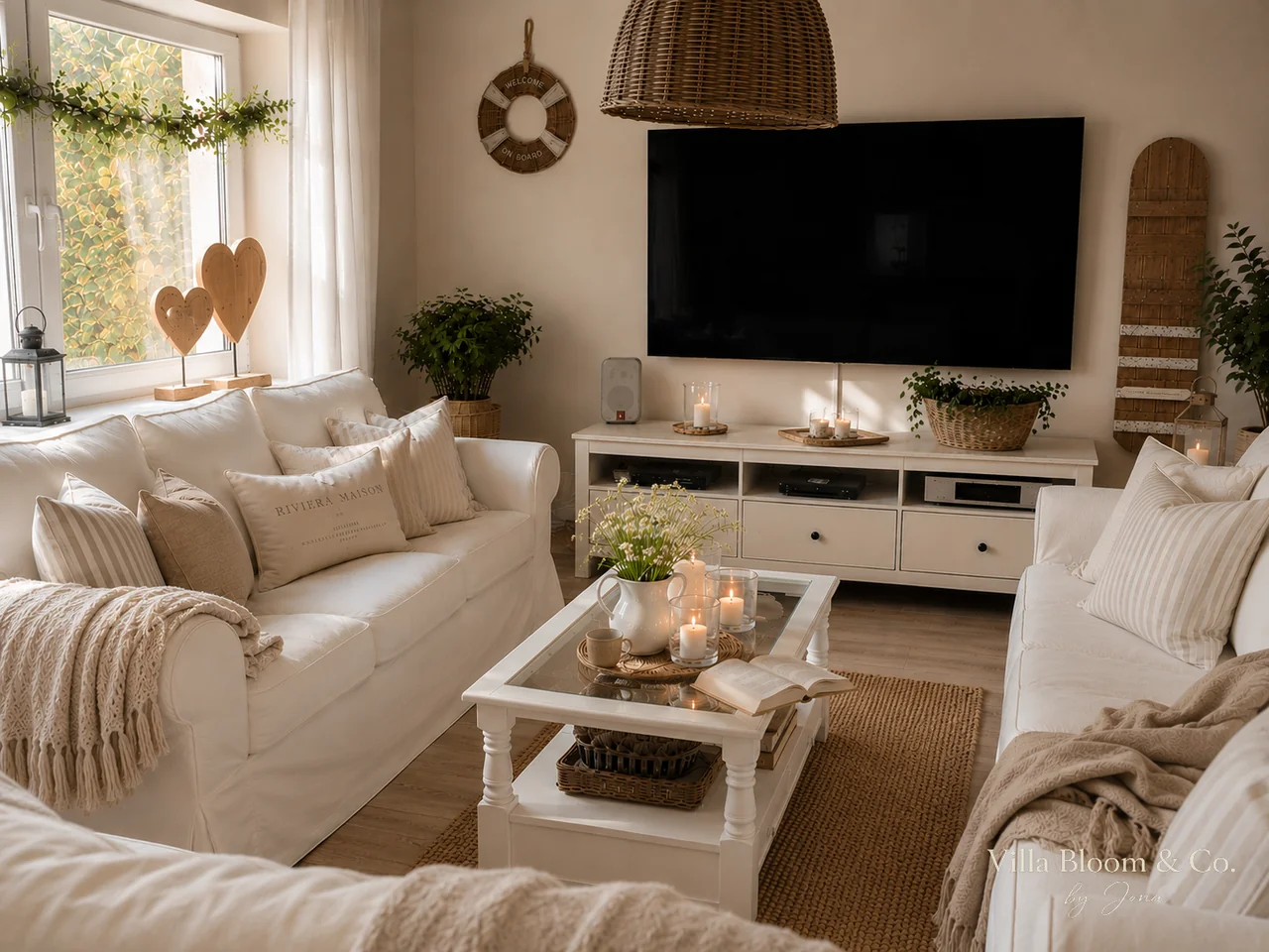 Living room with cream-coloured sofa and cherry blossom branches