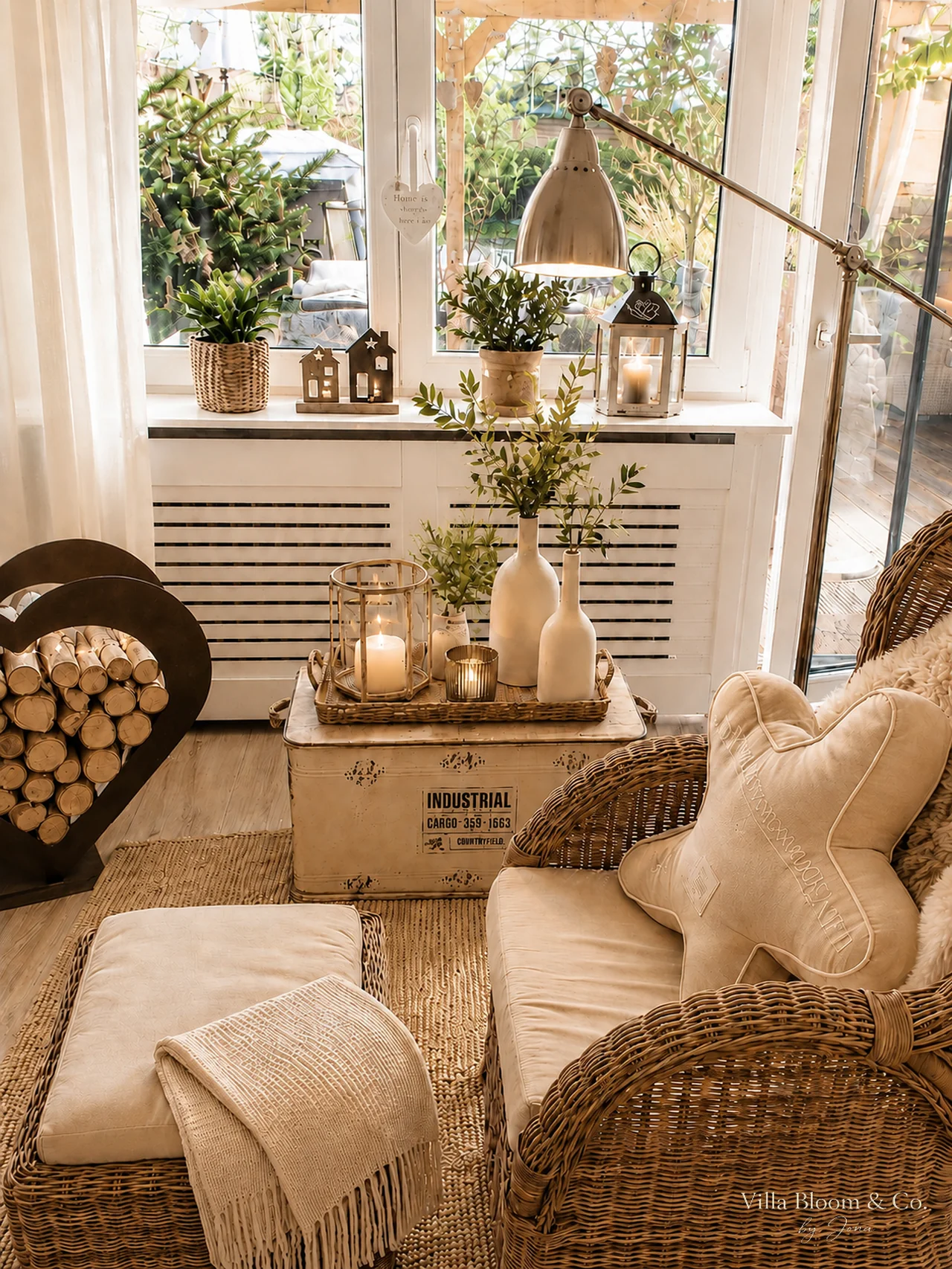 Summer reading corner with wicker armchair and wooden heart