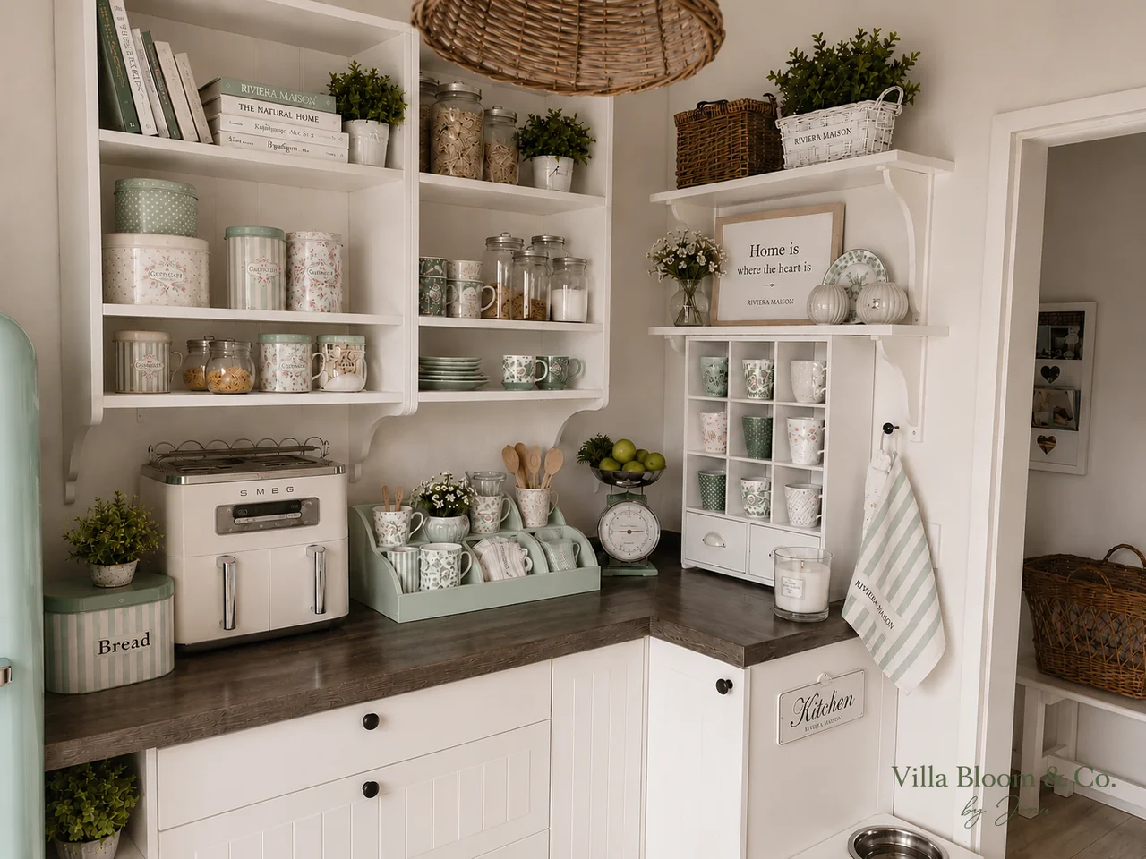 Kitchen shelf with GreenGate tins and crockery