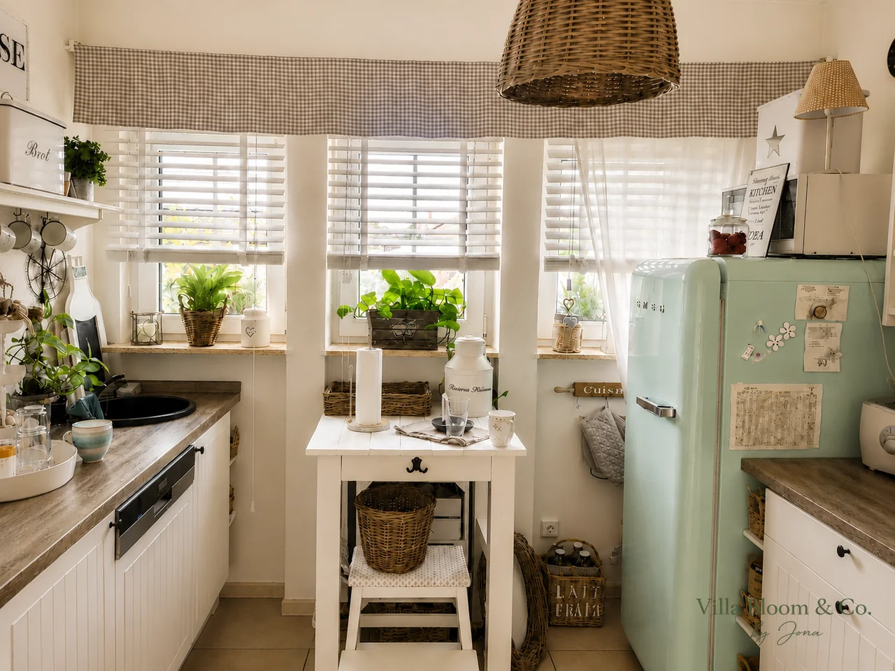 Kitchen with SMEG fridge in mint