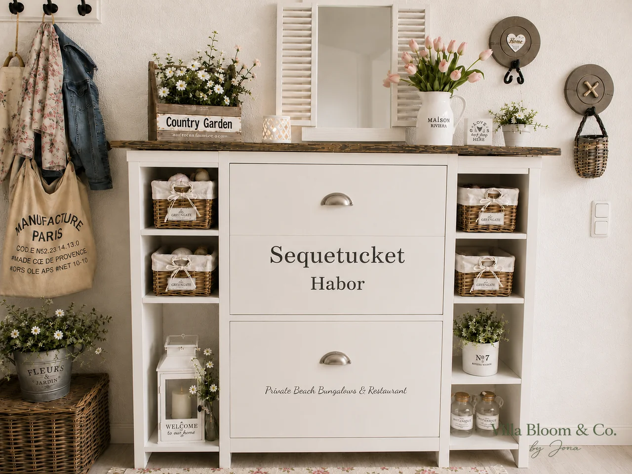 Hallway with white cabinet, Sequetucket Habor lettering, tulips and GreenGate baskets