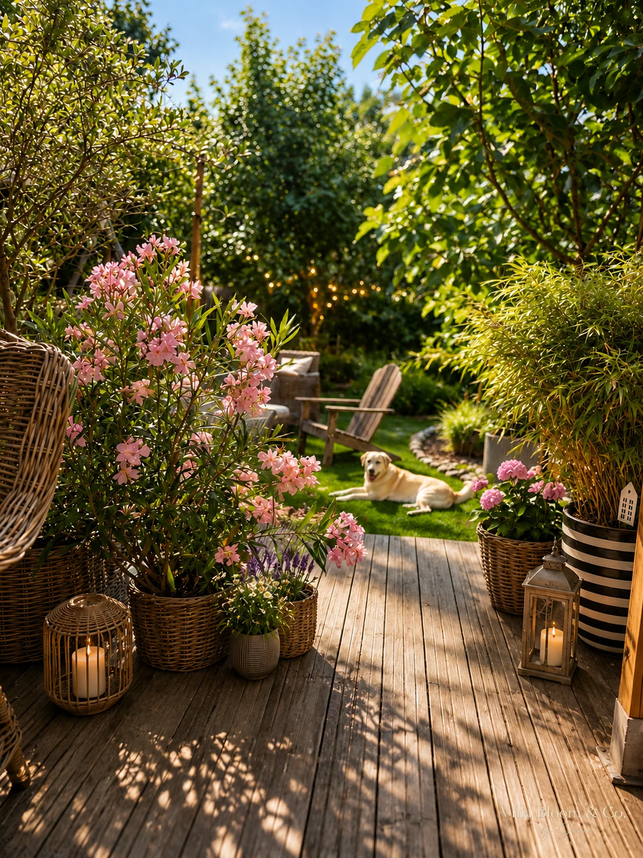 Sunny summer garden spot with wooden deck, oleander in a basket, lavender and a Labrador on the lawn