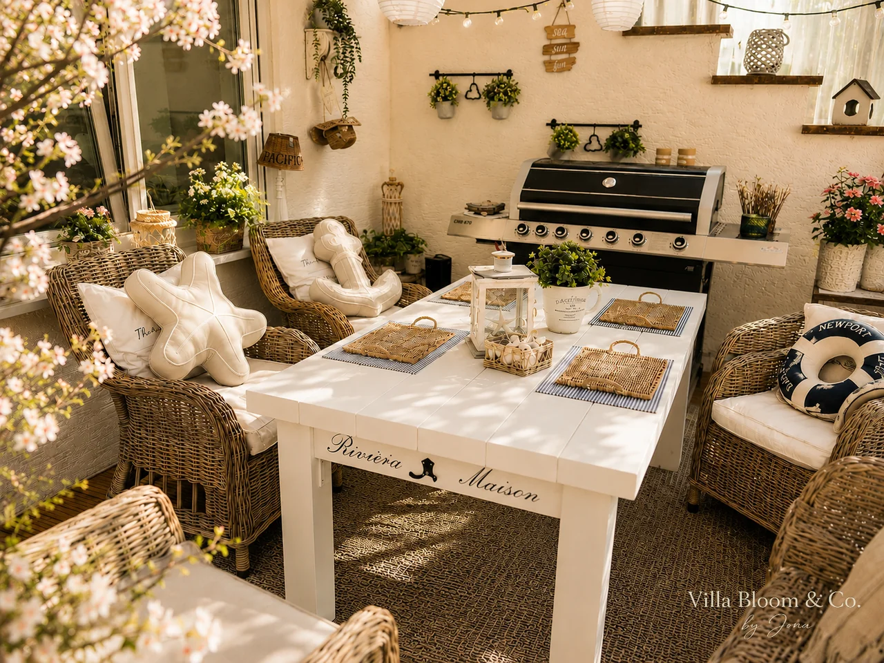 Self-built dining table on the terrace with Rivièra Maison lettering