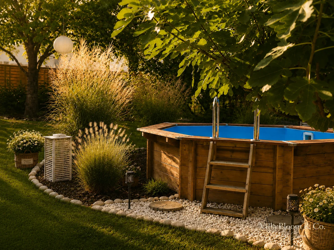 Wooden pool in summer light between grasses and a fig tree