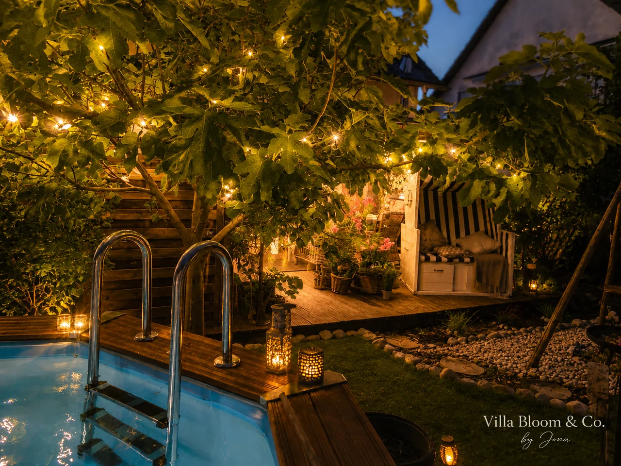 Pool in the evening, cosily lit with fairy lights and lanterns