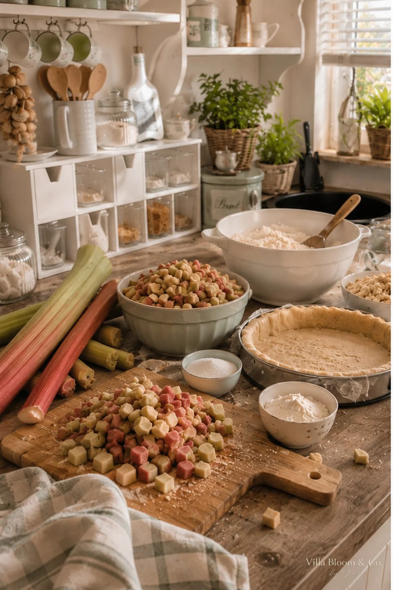 Rhubarb streusel cake with almonds – preparation and finished cake on a cake stand
