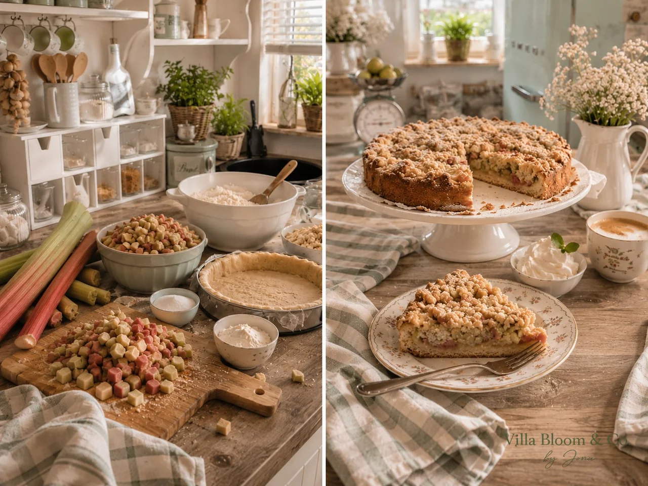 Rhubarb stalks, diced rhubarb, yeast dough in the tin and flour in the bowl