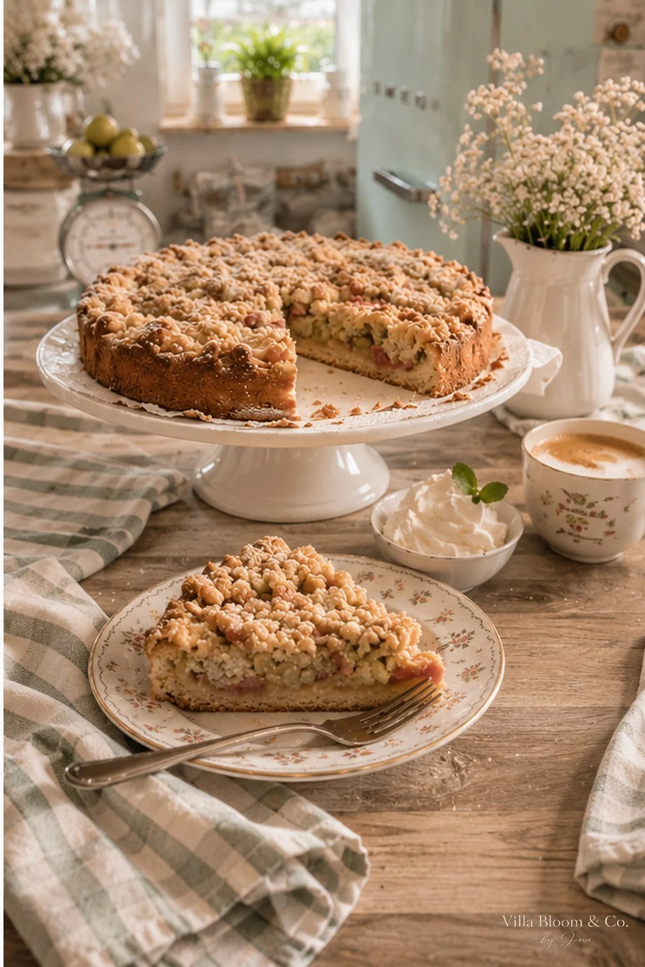 Rhubarb streusel cake served on a vintage floral plate with whipped cream and coffee
