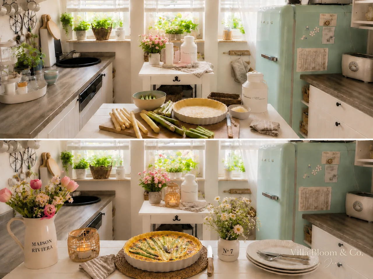 Asparagus quiche with herbs – preparation and finished quiche in the country kitchen
