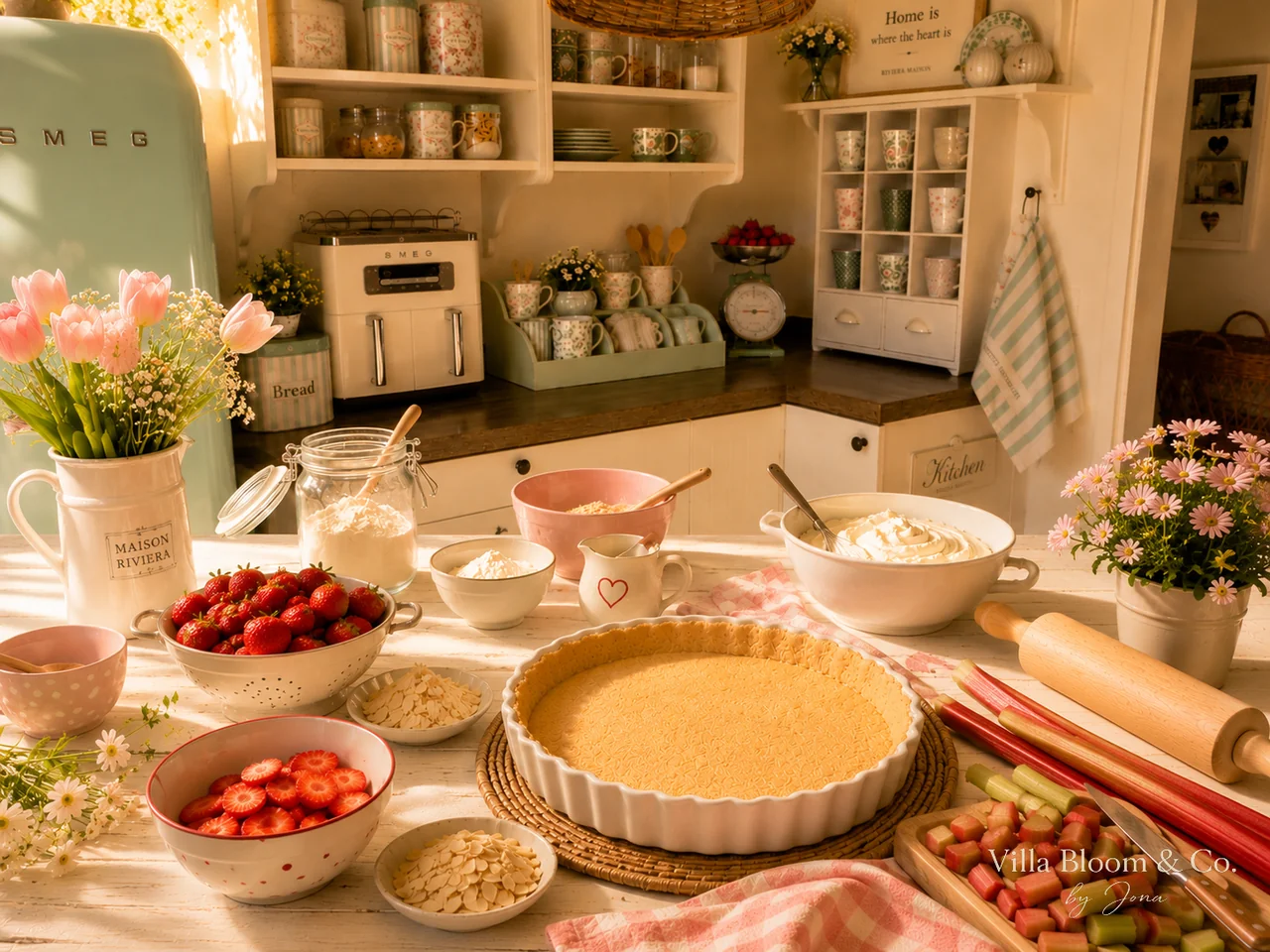 Spring kitchen with shortcrust pastry in the tart tin, strawberries, rhubarb, flaked almonds and vanilla cream ready to use