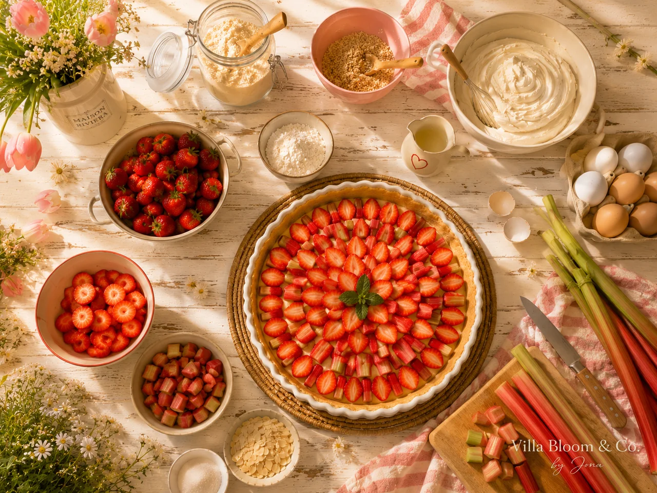 Finished strawberry-rhubarb tart from above with strawberries and rhubarb arranged in circles, mint in the centre