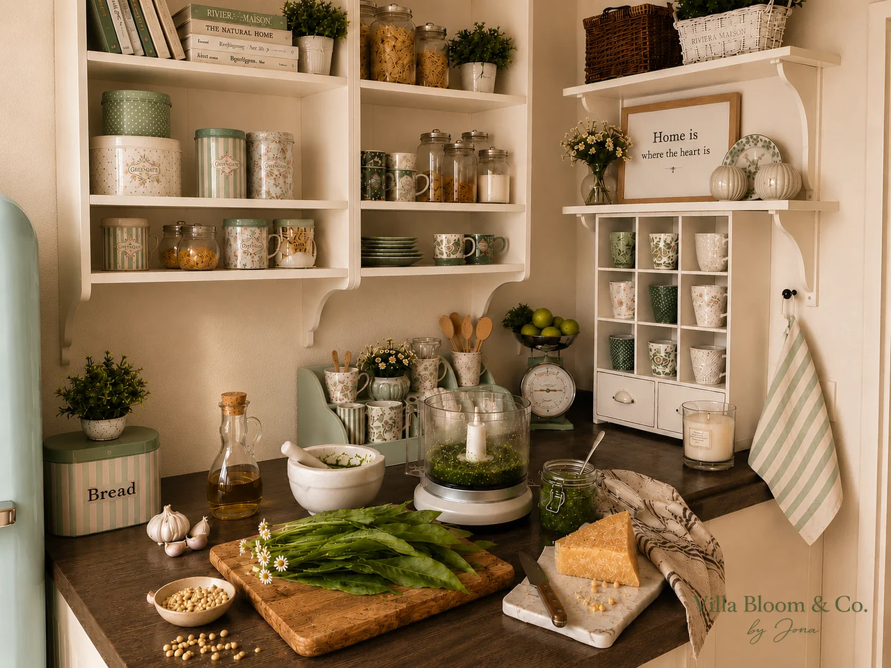 Wild garlic pesto in a Riviera Maison kitchen: mortar, food processor with green pesto, fresh wild garlic leaves, Parmesan and olive oil