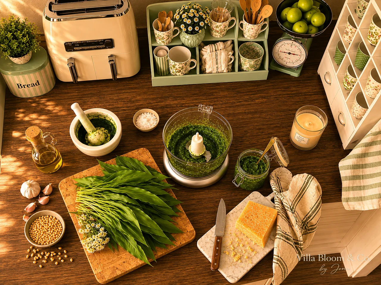 Overhead view of the wild garlic pesto preparation with mortar, food processor, pine nuts, Parmesan, garlic and olive oil