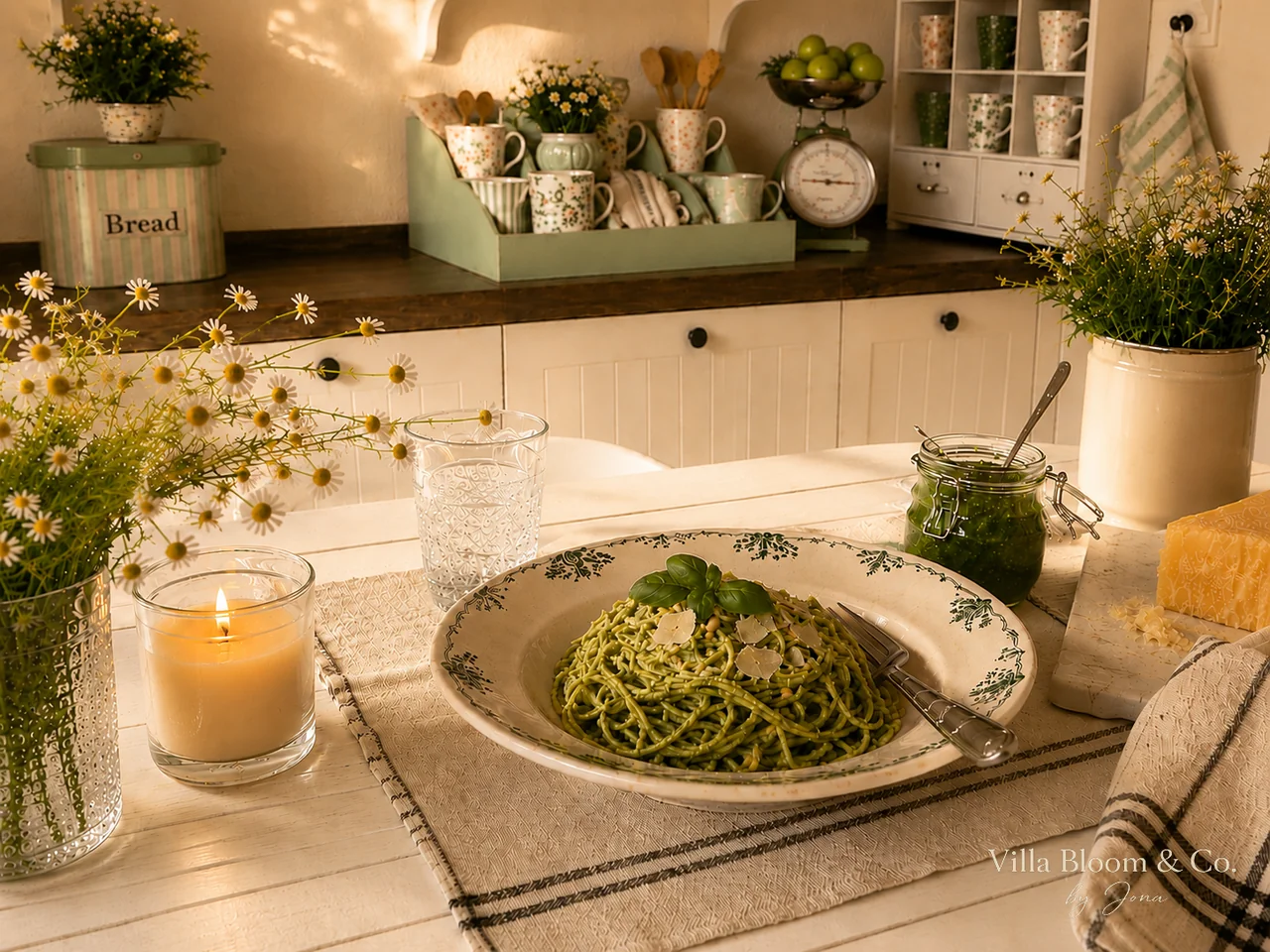 Served plate of pasta in wild garlic pesto, Parmesan shavings and basil on a set spring table