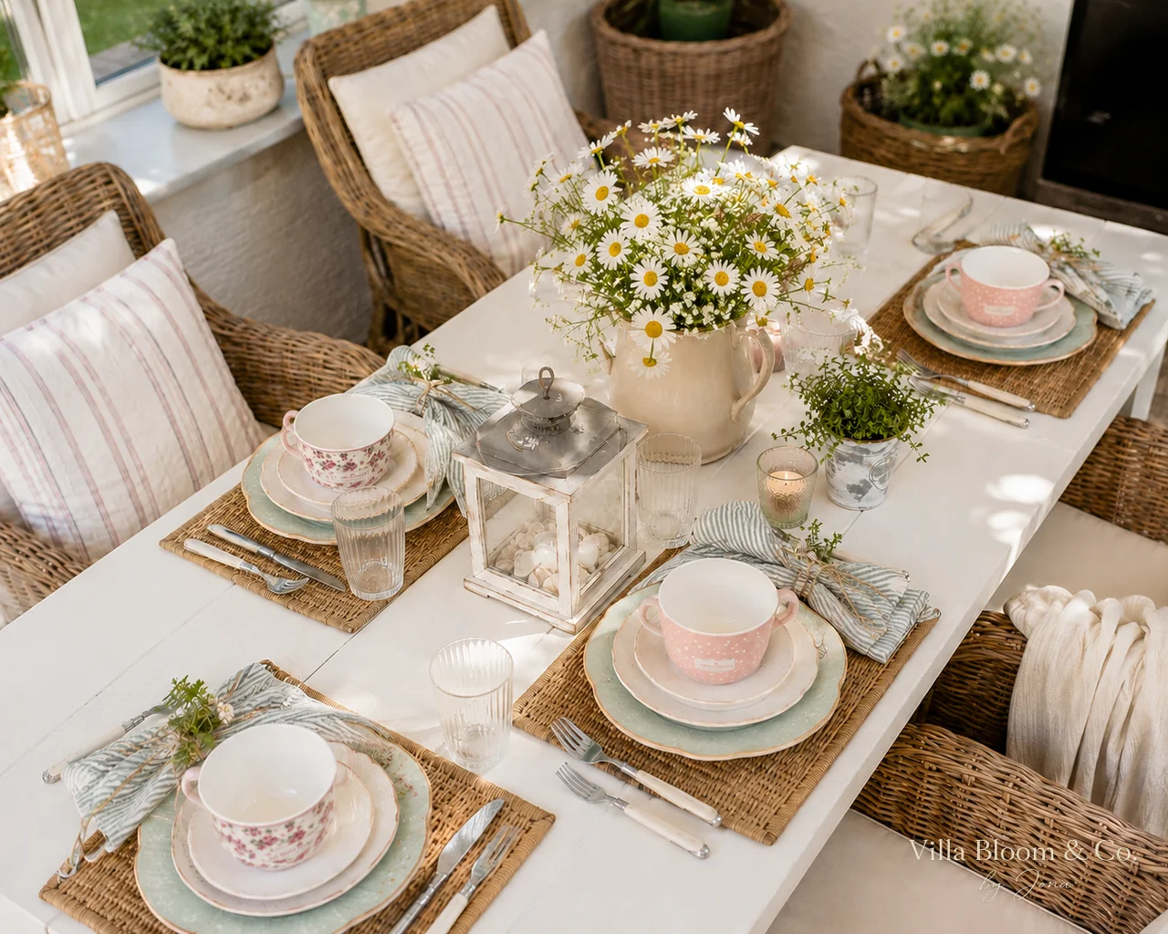 Villa Bloom & Co. by Jona – style manifesto: country-style living room with GreenGate crockery, beach-house cushions, olive tree and Riviera Maison decor