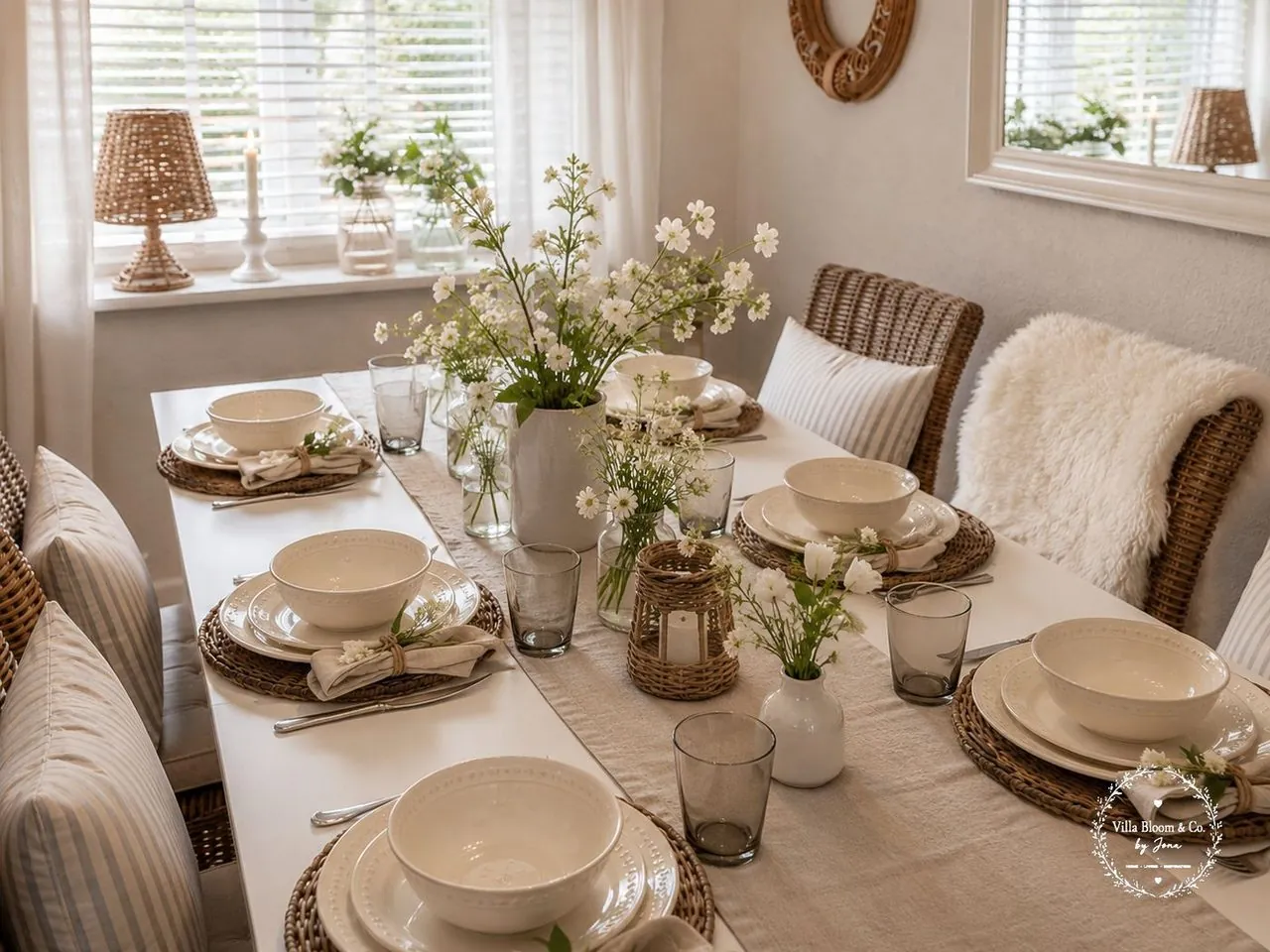 Neutrally laid spring table in country style with cream-coloured crockery, rattan placemats, linen table runner and white wildflowers in a vase