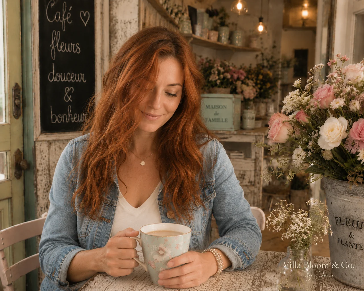 Jona at a café table with a GreenGate floral cup, in front of a Café fleurs sign and a bouquet of roses