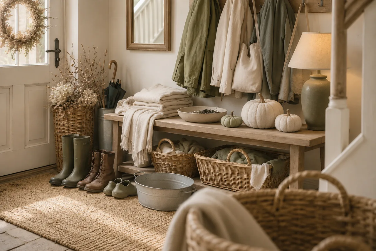 Flur im Landhausstil im Herbst mit Stiefeln, Körben, Bank und Jacken an Haken