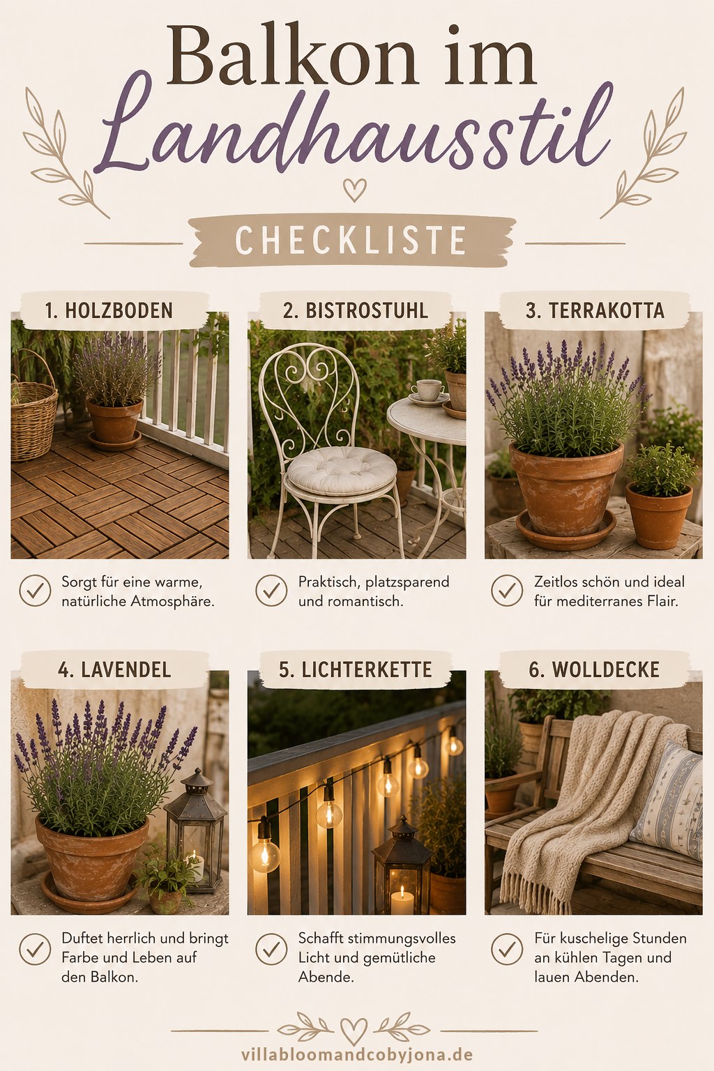 A country-style balcony checklist – wooden floor, bistro chair, terracotta, lavender, fairy lights, wool blanket