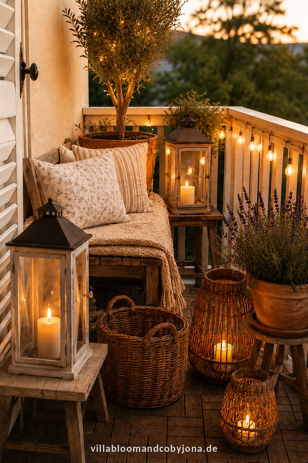 Lanterns, candles and fairy lights on the balcony in an evening mood