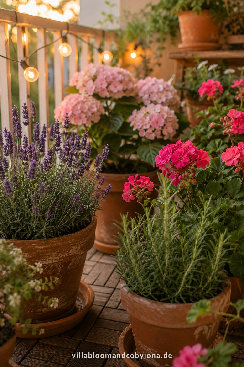 Terracotta pots with lavender, geraniums and rosemary on the balcony