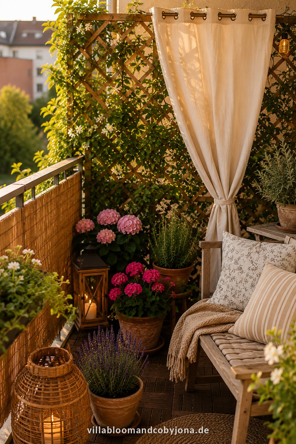 A country-style balcony privacy screen with a trellis, curtain and plants