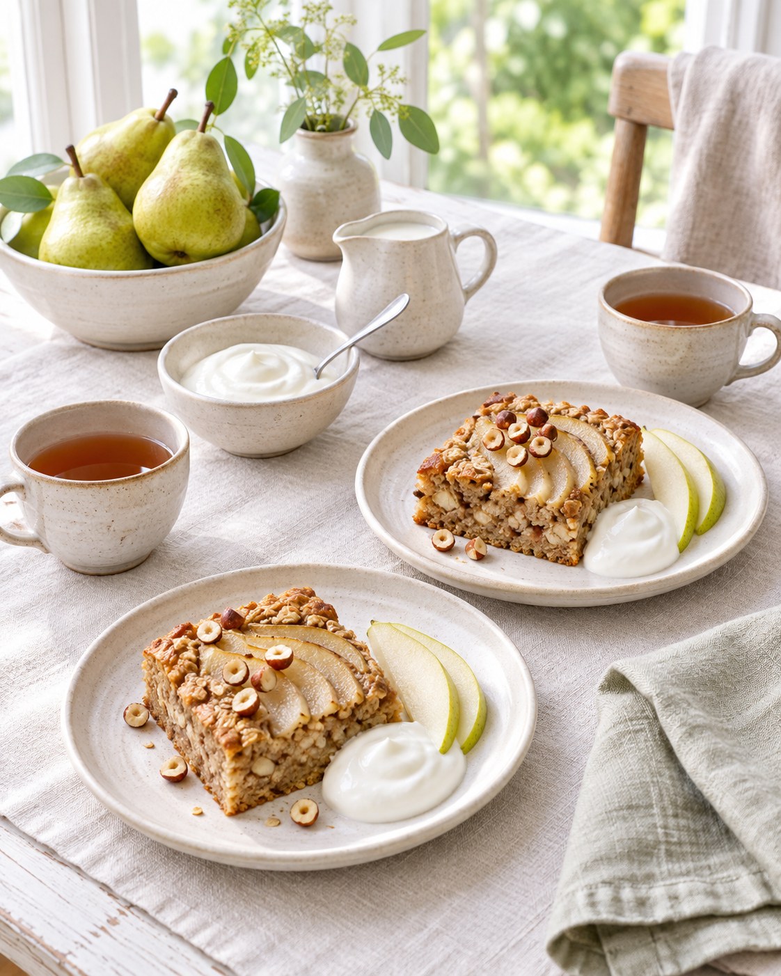 Frühstückstisch am Fenster mit Stücken Birnen-Hafer-Kuchen auf Tellern, einer Schale Joghurt, frischen Birnen und Teetassen auf hellem Leinen