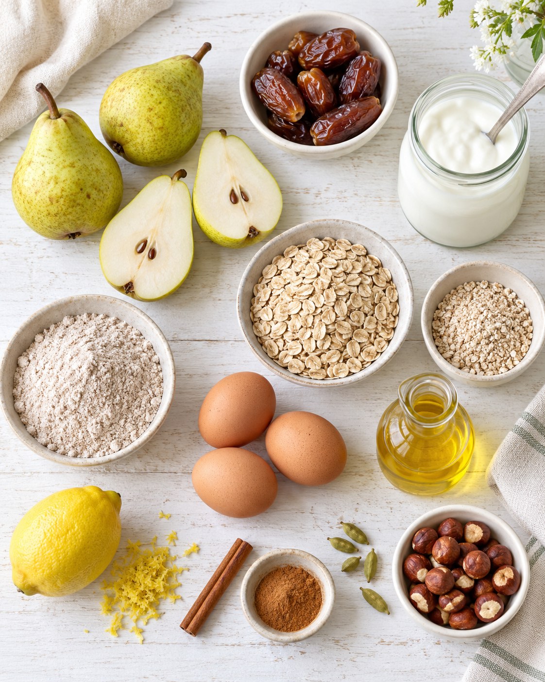 Zutaten für den Birnen-Hafer-Kuchen ohne Zucker auf hellem Holz: Birnen, Datteln, Haferflocken, Dinkelvollkornmehl, Joghurt im Glas, Eier, Rapsöl, Zitrone, Zimt, Haselnüsse