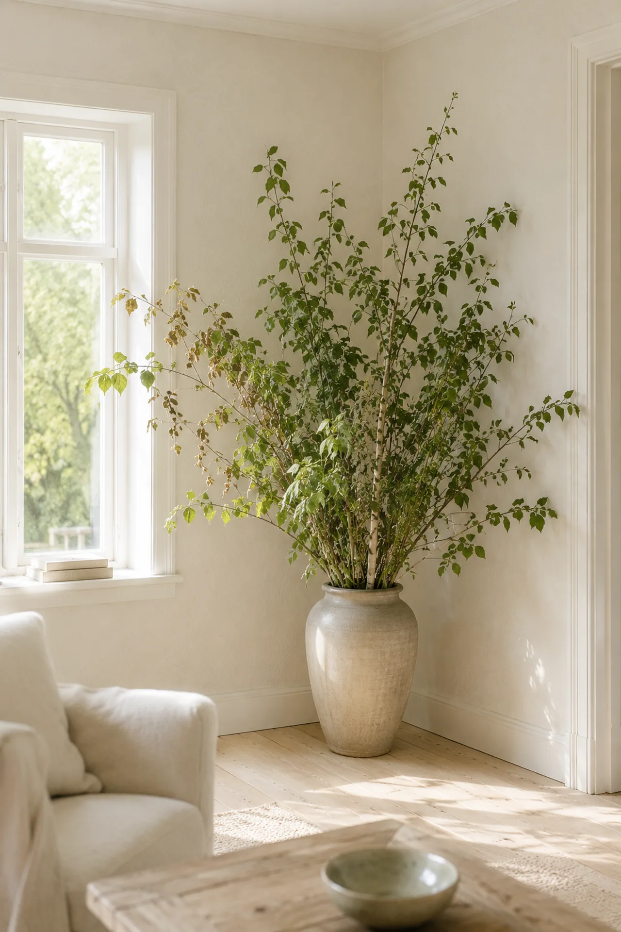 Gro&szlig;e Bodenvase mit gr&uuml;nen Naturzweigen im Sp&auml;tsommer
