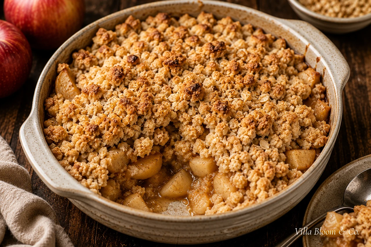 Bratapfel-Crumble mit goldbrauner Streuselkruste in einer Keramikform
