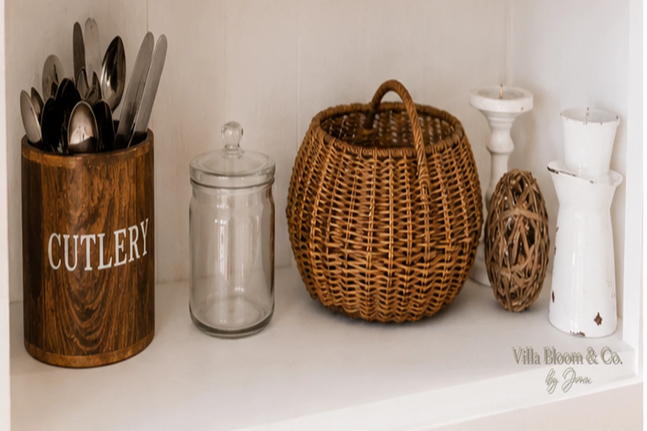 Buffetschrank-Regal mit Cutlery-Behälter, Weidenkorb, Kerzenständer und Rattankugel im Landhausstil