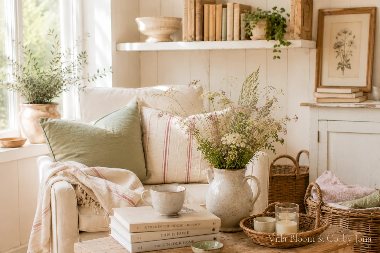 Gemütliche Cottagecore-Wohnecke mit Büchern, Leinen, Wildblumen und Pflanzen in geerdet-floraler Palette