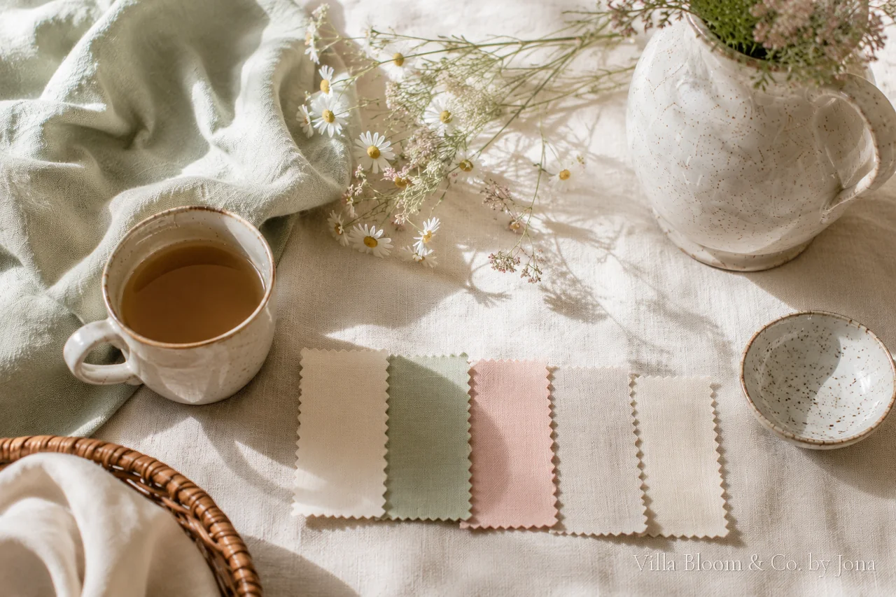 Cottagecore-Farbpalette: Leinen-Stoffmuster in Creme, Sage und Altrosa mit Kamille, Keramik und Tee
