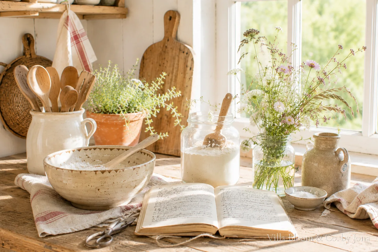 Cottagecore-Küche mit Rührschüssel, altem Rezeptbuch und Wildblumen am Fenster