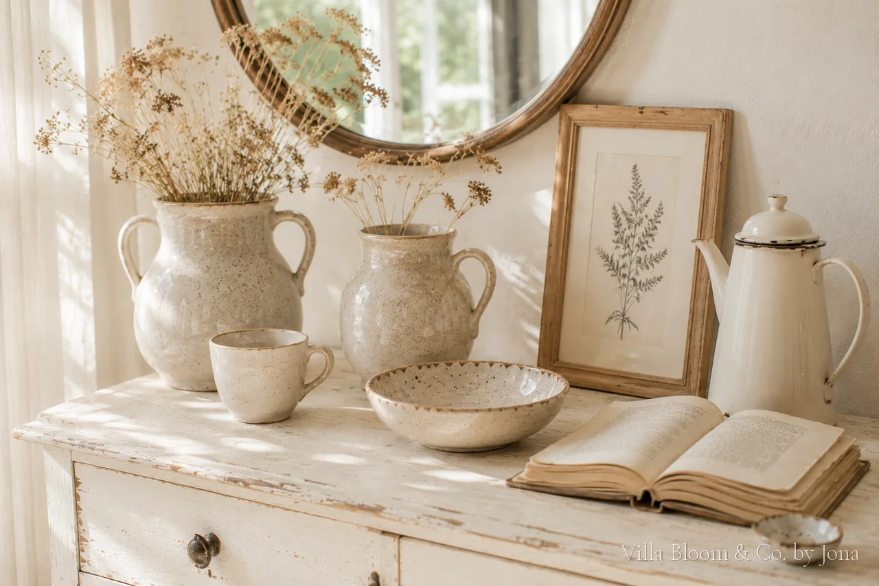 Handgemachte Keramikvasen mit Trockenblumen, Botanik-Druck und Emaillekanne auf einer Vintage-Kommode