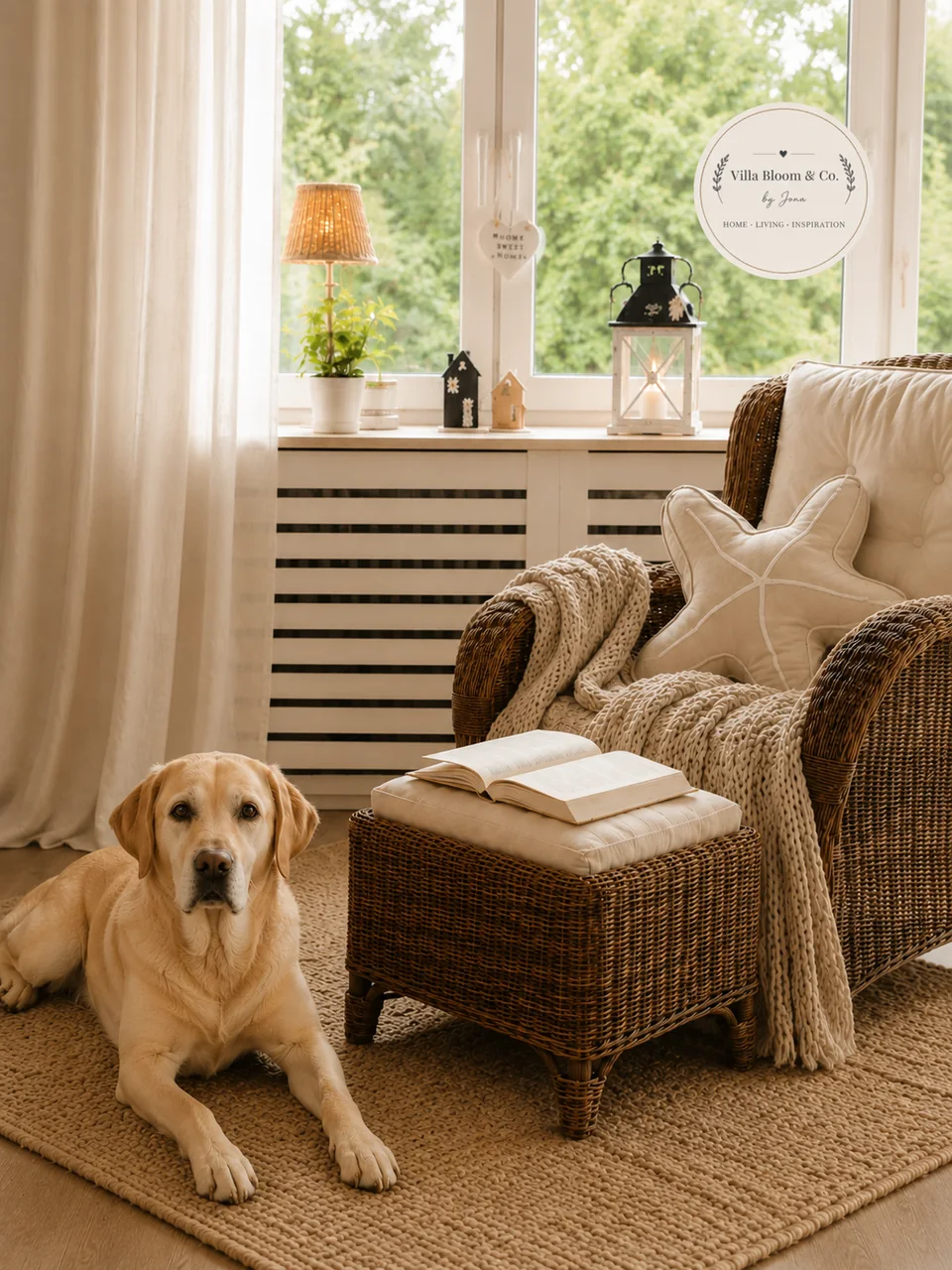 Gemütliche Leseecke mit Rattan-Sessel am Fenster, Strickdecke und einem Hund auf dem Teppich