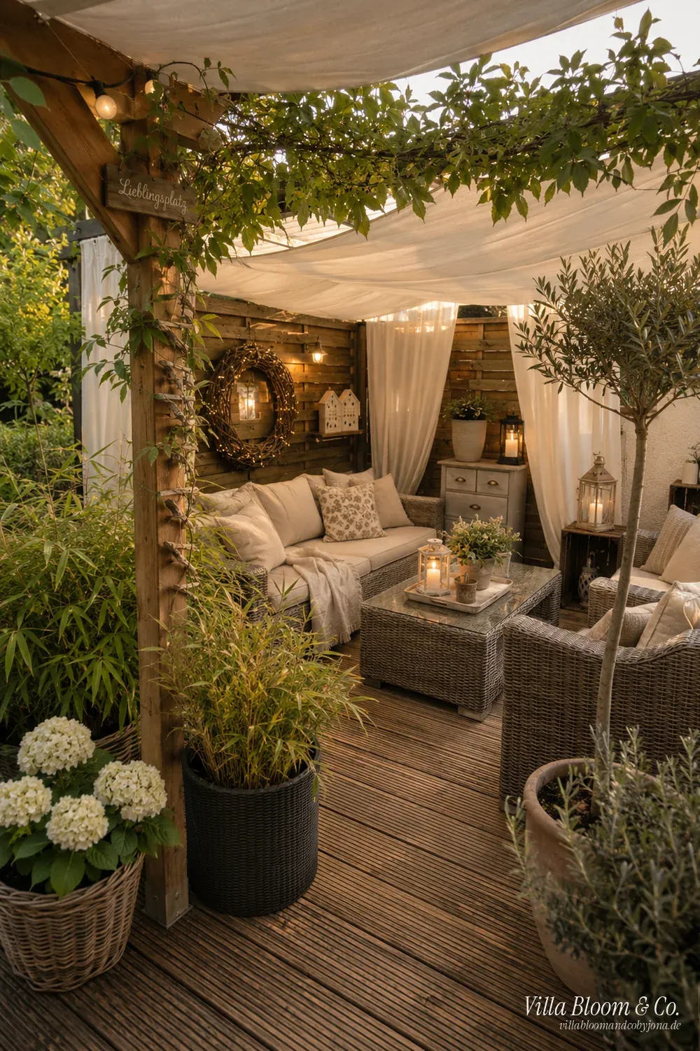 Geschützte Lounge-Ecke unter einer Pergola mit Vorhängen, Korbmöbeln, Lichterketten und Hortensien – Sichtschutz im Landhausstil