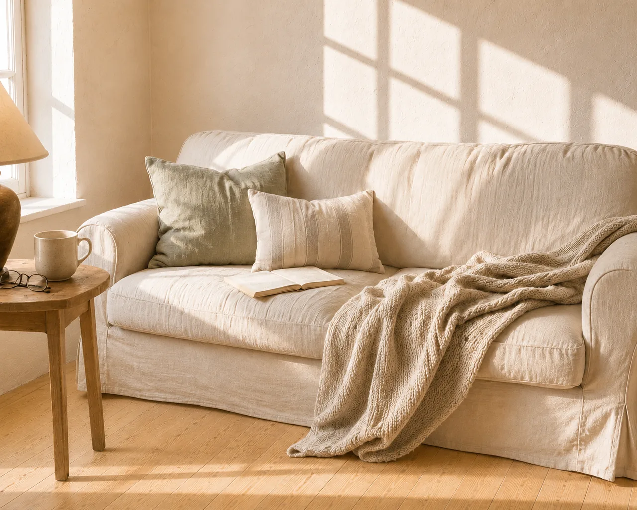 Sofa mit Wolldecke, Kissen und aufgeschlagenem Buch im Wohnzimmer im Landhausstil