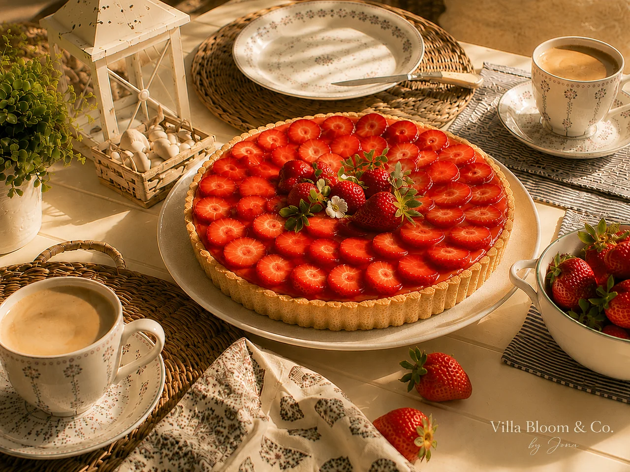 Strawberry cake with fresh berries on a wooden table
