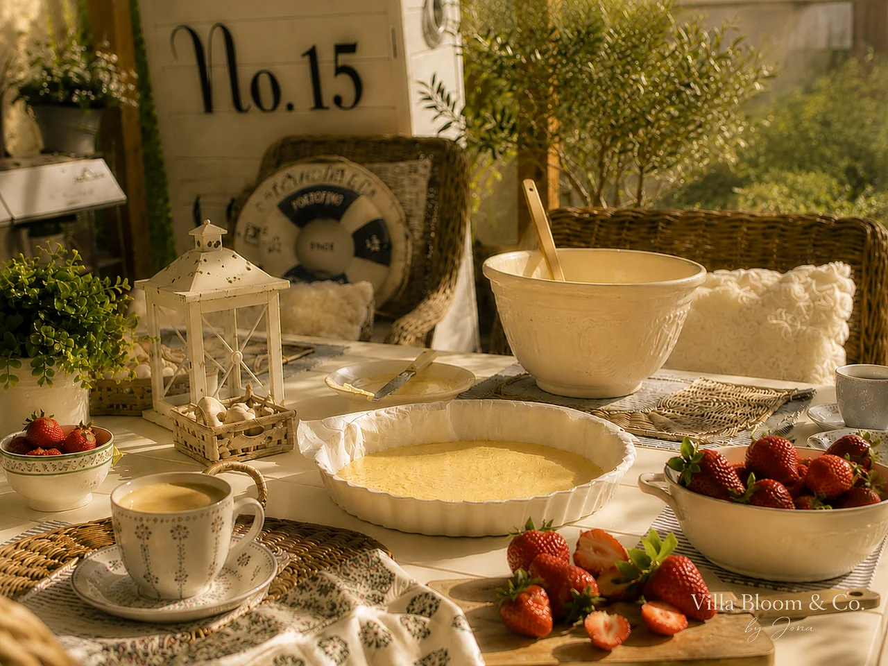 Flan tin with golden sponge batter, fresh strawberries and a mixing bowl during preparation