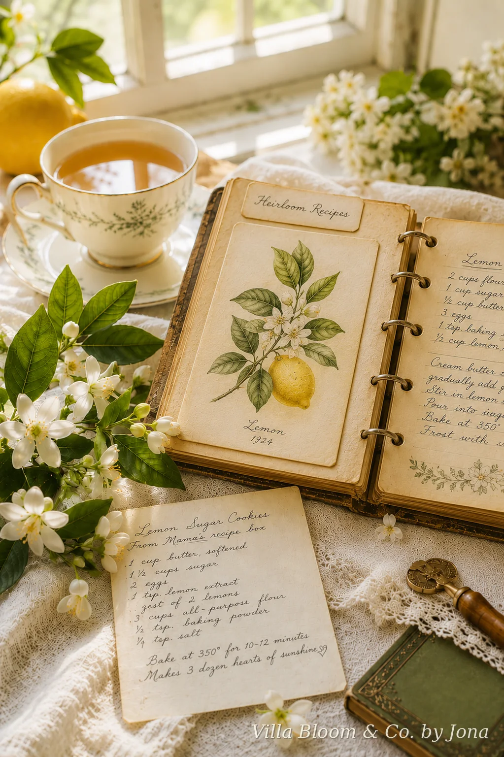 Ring-bound recipe book with a Heirloom Recipes tab, a botanical lemon illustration and neatly organized handwritten recipes