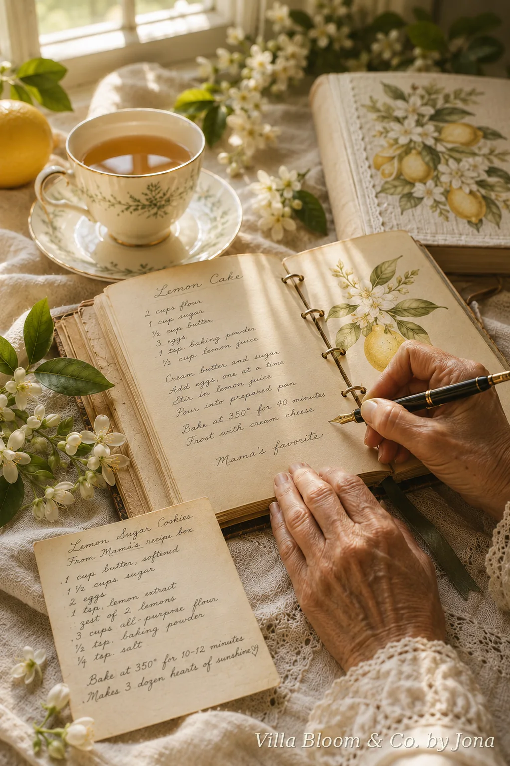 Older hands writing a recipe into a family recipe book with a fountain pen