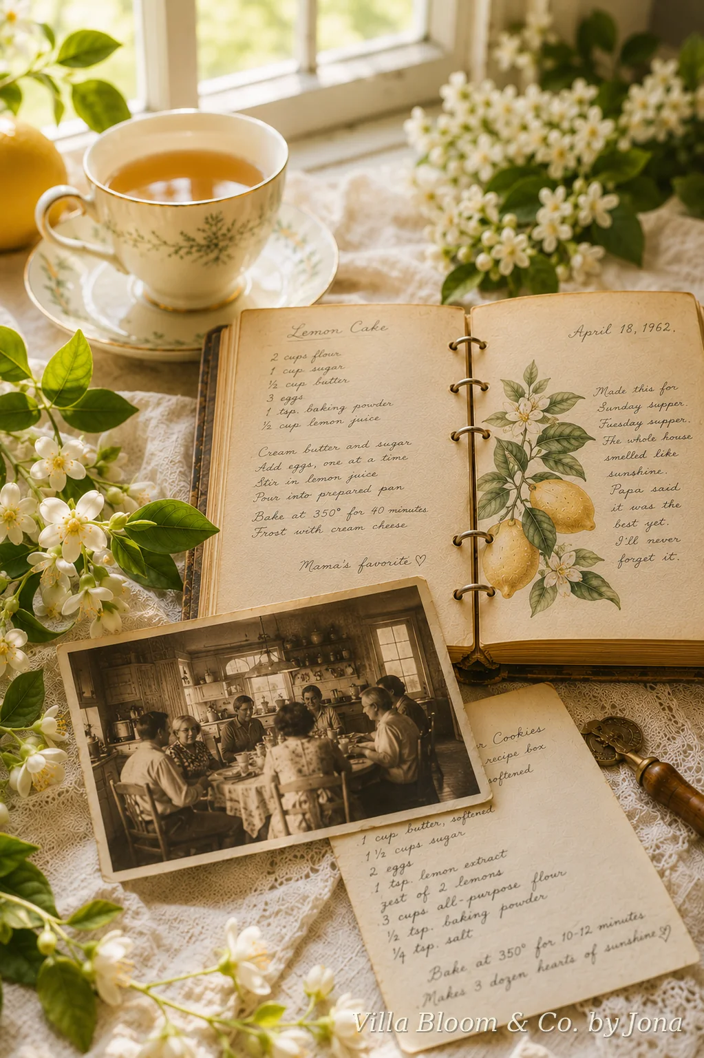 Family recipe book with handwritten recipes and a vintage family photograph at the kitchen table