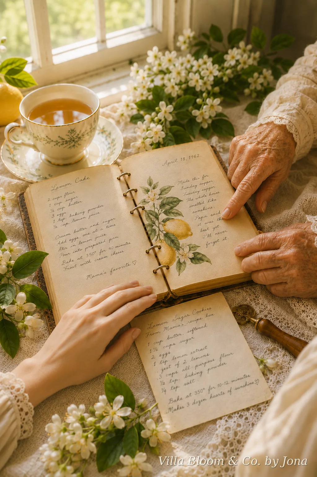 Hands of an older and a younger woman resting on an open handwritten recipe book — passing family recipes down through the generations