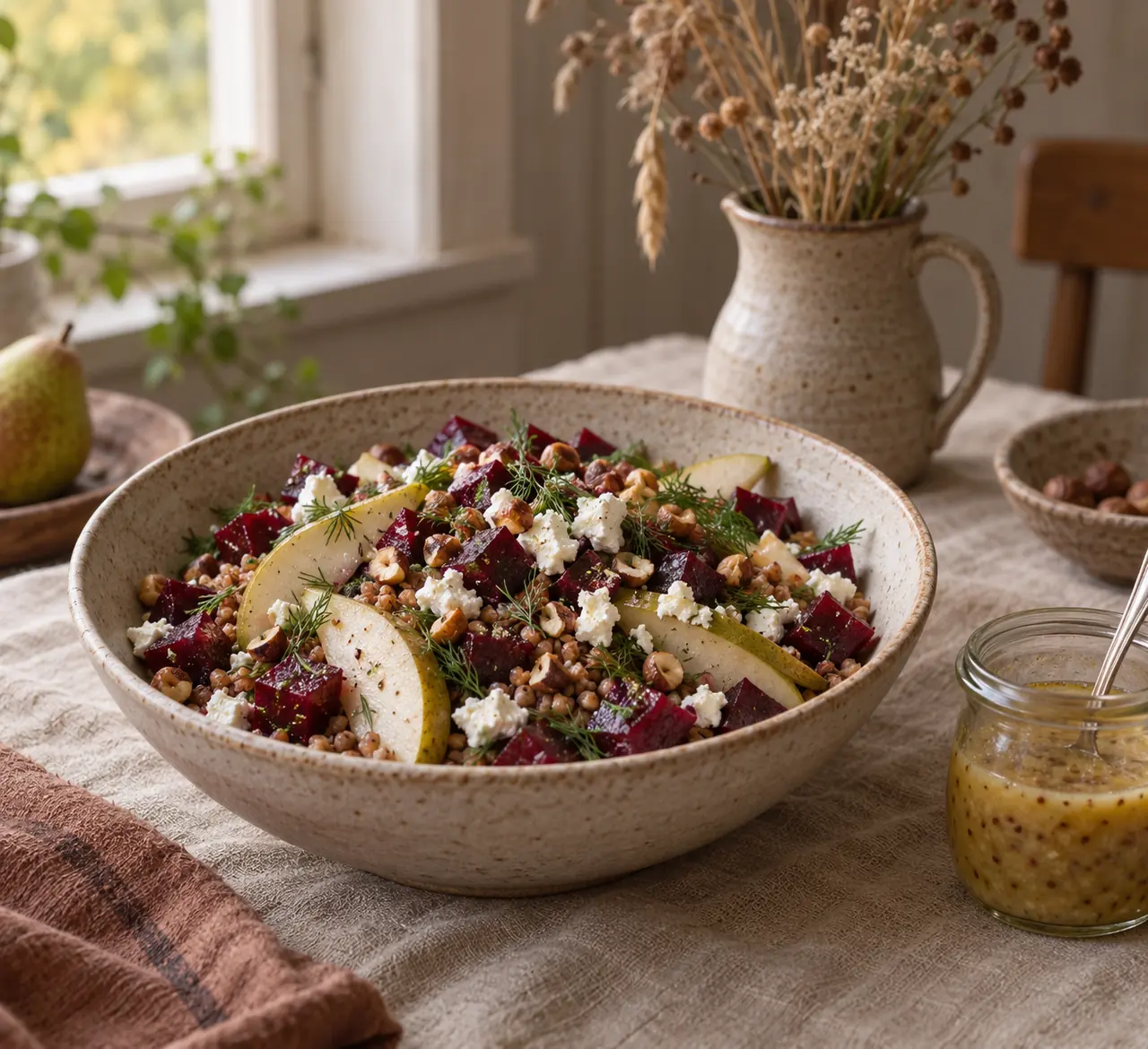 Buchweizen-Bowl mit Roter Bete, Birne, Feta und Haselnüssen