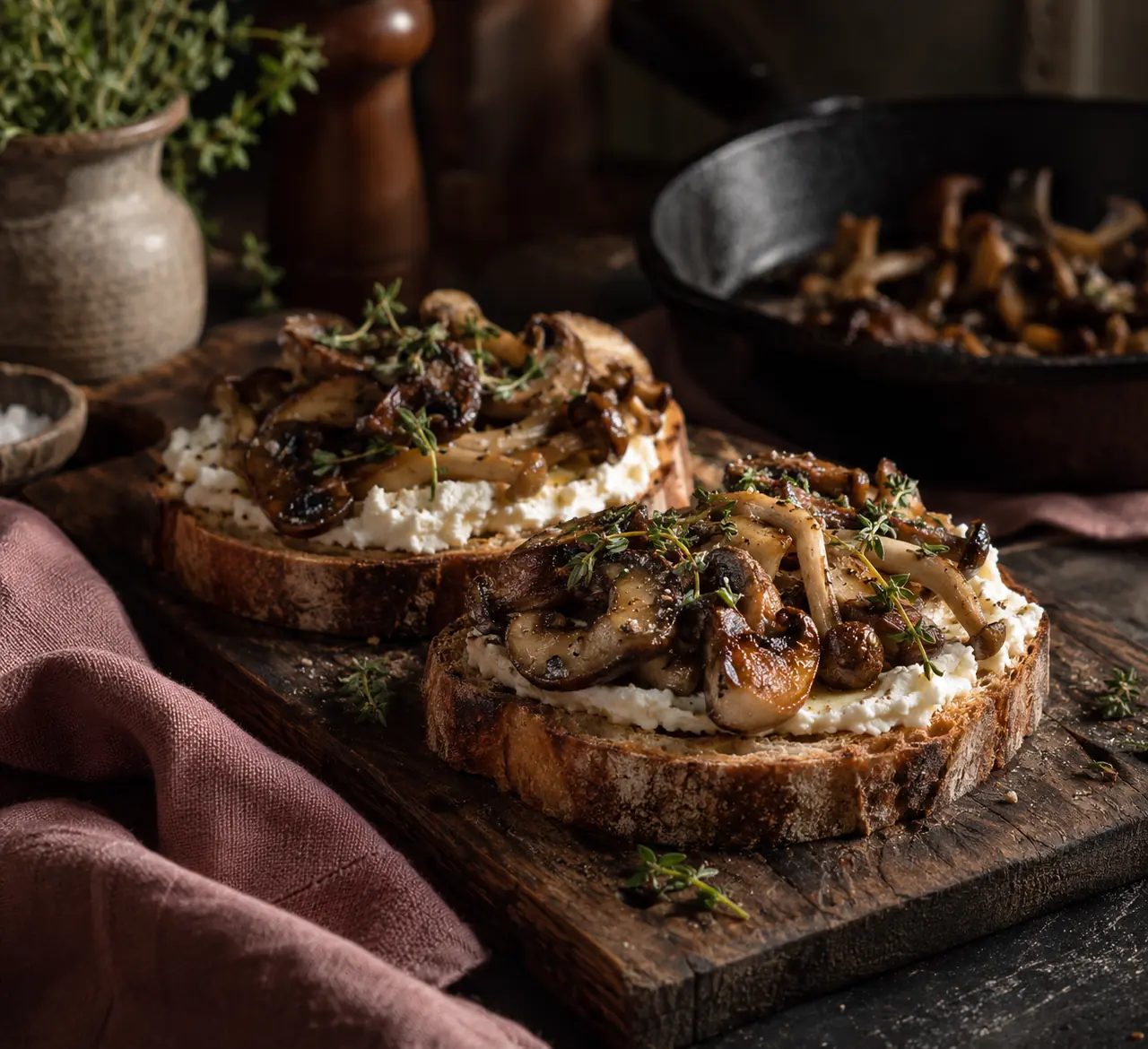 Geröstetes Sauerteigbrot mit Ricotta und gebratenen Pilzen