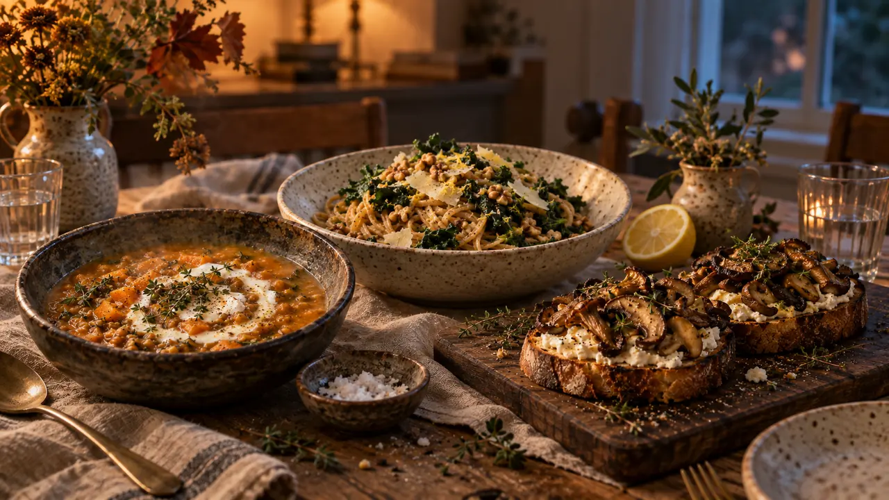Gesunde Herbstrezepte für den Feierabend – Kürbis-Linsen-Eintopf, Grünkohl-Pasta und Pilzbrot im Kerzenlicht